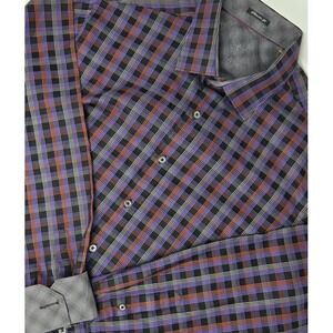 Bugatchi Long Sleeve Button Up Shirt Mens Size Large Purple Plaid Flip‎ Cuff EUC